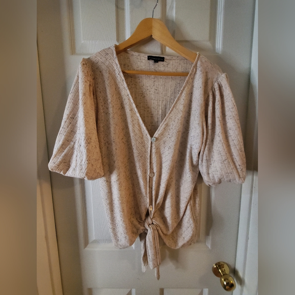Californian Stitch Womens L Ribbed Oatmeal Nep Button Down Tie Puff Sleeve Top